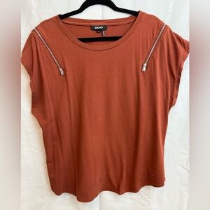 DKNY Women's Short Sleeve Top in Rust with Zipper Details
